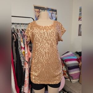 Sequin Top Party Blouse Sparkly Short Sleeve Shimmer Metallic Gold